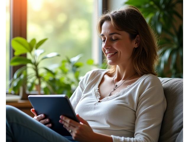 Woman happily reading a health blog on a tablet with sunlit plants in the background