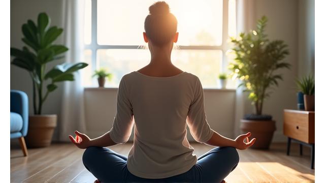 Person meditating calmly in a modern, serene apartment