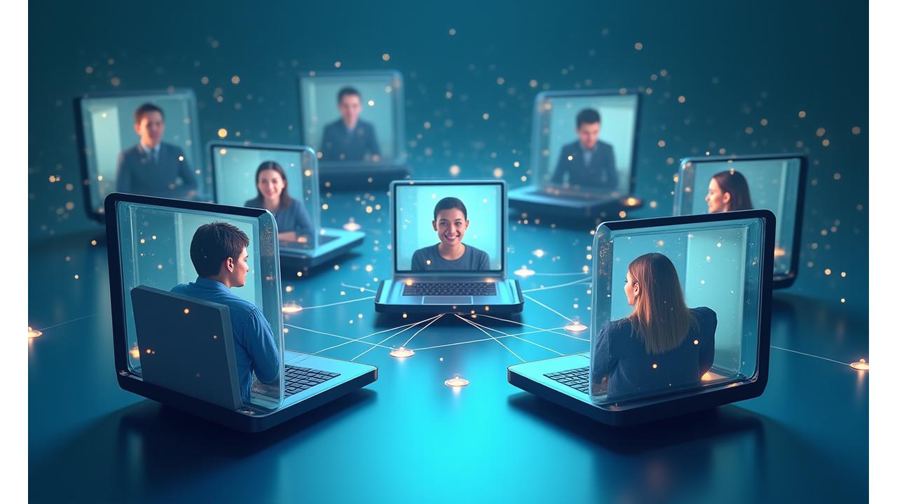 A diverse group of coaches and clients interacting digitally, illustrating a seamless, supportive online coaching environment.